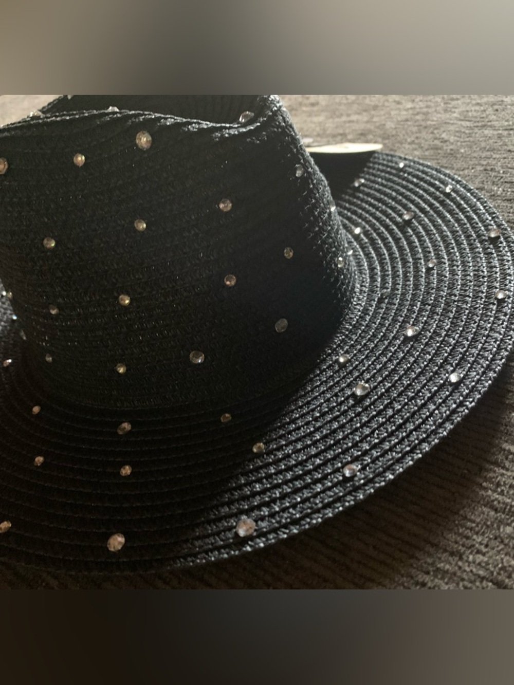 Black rhinestone fedora straw hat - Picture 3 of 7